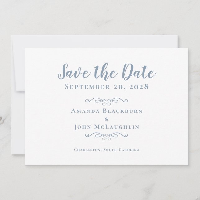 Elegant Delicate Romantic Calligraphy Dusty Blue Save The Date (Front)