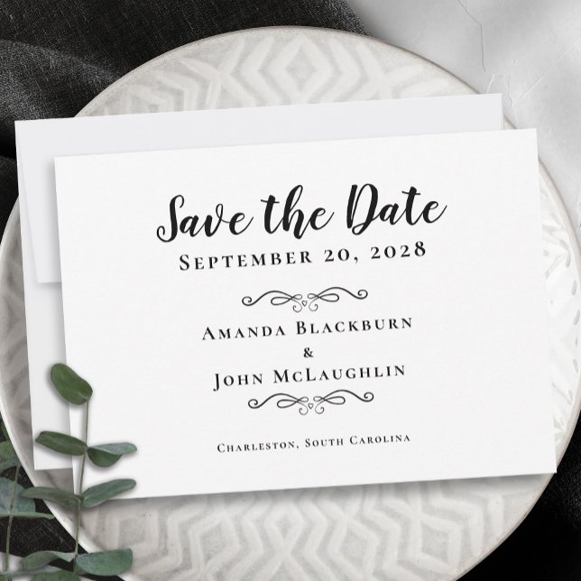 Elegant Delicate Script Romantic Calligraphy Black Save The Date (Creator Uploaded)