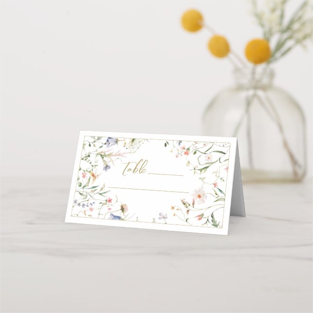Elegant Delicate Watercolor Wildflower Wedding Place Card (Front)