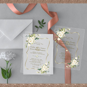 Elegant Delicate White Flowers Gold Wedding Acrylic Invitations