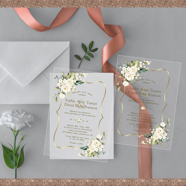 Elegant Delicate White Flowers Gold Wedding Acrylic Invitations (Creator Uploaded)