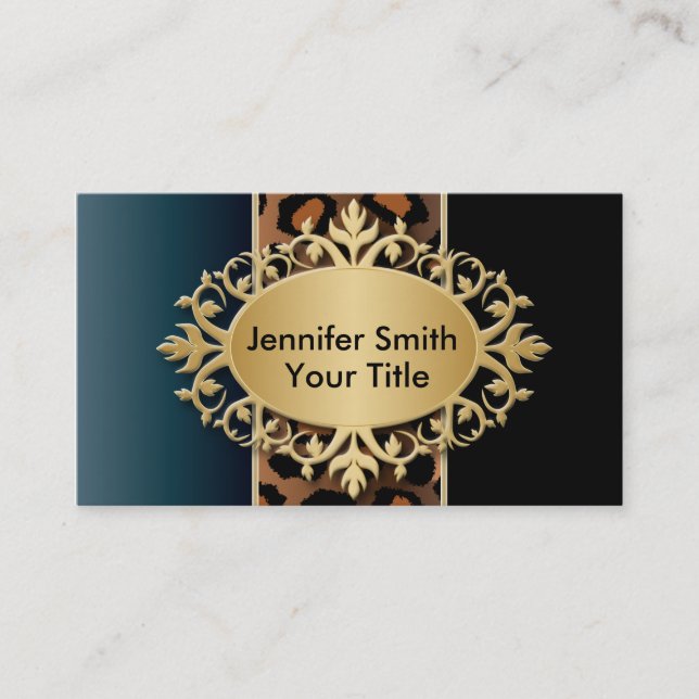 Elegant Denim Blue and Black Leopard Print Business Card (Front)