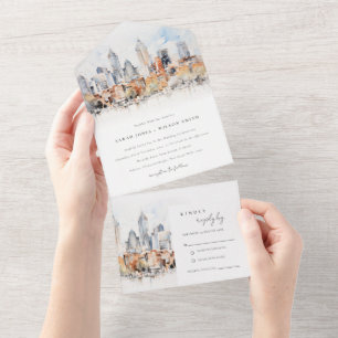 Elegant Denver Colorado Skyline Watercolor Wedding All In One Invitation