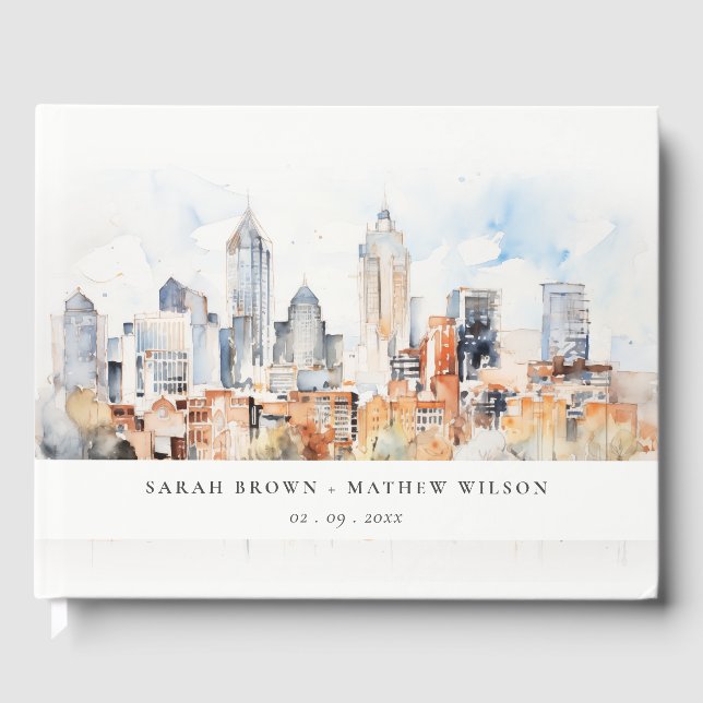 Elegant Denver Colorado Skyline Watercolor Wedding Guest Book (Front)