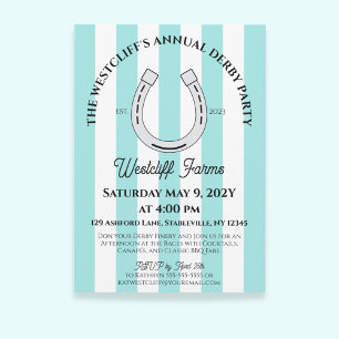 Elegant Derby Party Blue Cabana Stripe Horseshoe Invitation