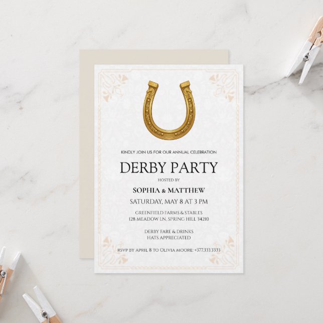 Elegant Derby Party Invitation with Gold Horseshoe (Front/Back In Situ)