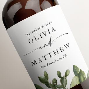 Elegant Desert Wedding. Watercolor Cactus & Script Wine Label