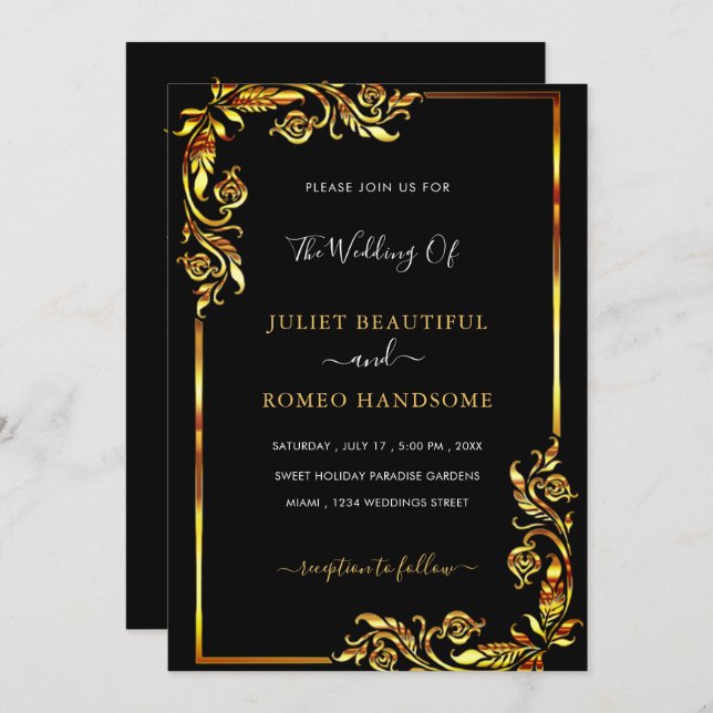 Elegant Design Black Gold Wedding Invitation (Front/Back)