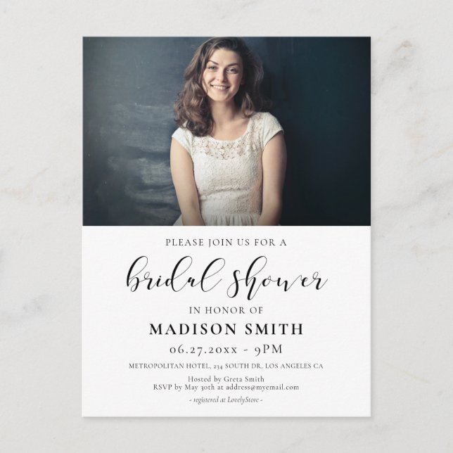 Elegant design Bridal shower photo invitation Postcard (Front)