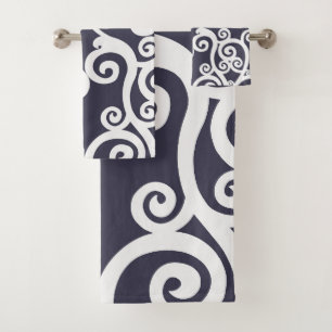 Elegant design, floral pattern, navy blue, white bath towel set