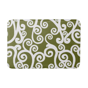 Elegant design, floral pattern, olive green, white bath mat