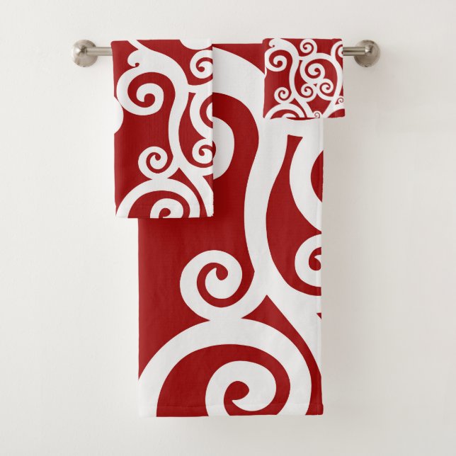 Elegant design, floral pattern, red, white bath towel set (Insitu)