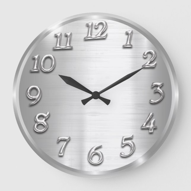 Elegant Design Metallic Arabic Numbers Silver Gray Large Clock (Front)