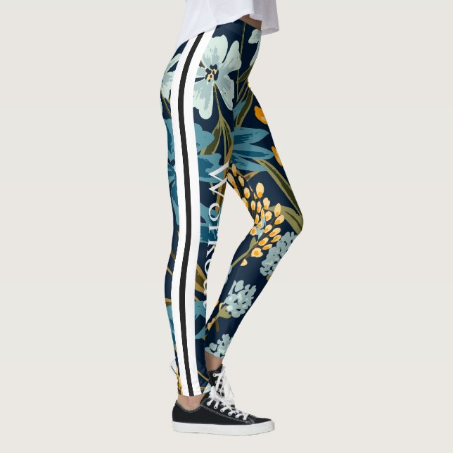 Elegant design Navy blue flowers for workout Leggings (Right)