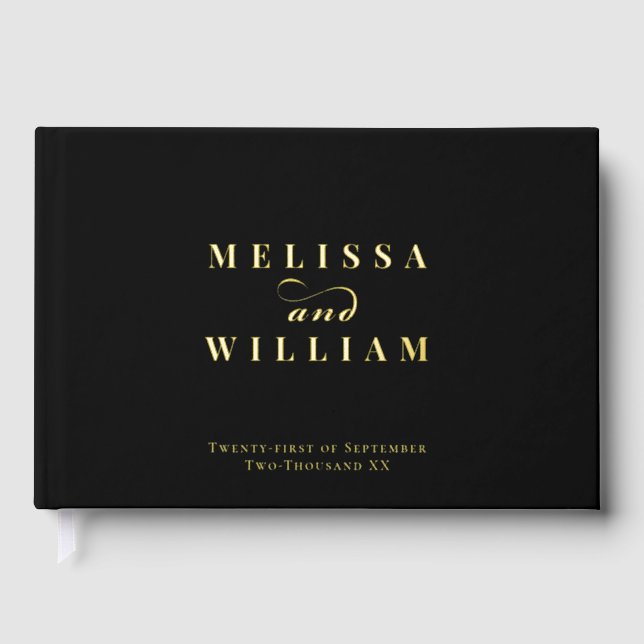 Elegant Designer Gold Foil Modern Black Wedding Guest Book (Front)