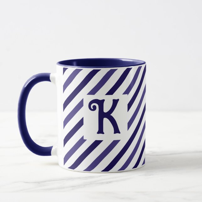 Elegant Diagonal Stripes Dark Blue Novelty Initial Mug (Left)