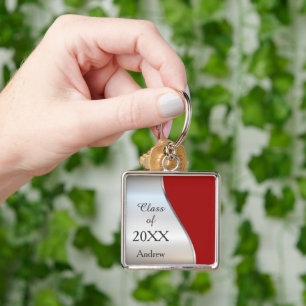 Elegant Diagonal Swirl Red Silver Graduation Key Ring
