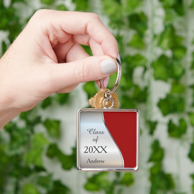 Elegant Diagonal Swirl Red Silver Graduation Key Ring (Hand)