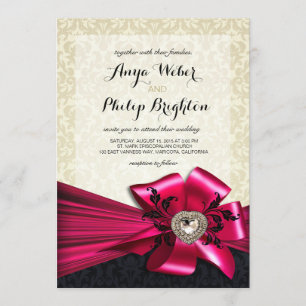 Elegant Diamante Satin Bow Wedding ivory fuchsia Invitation