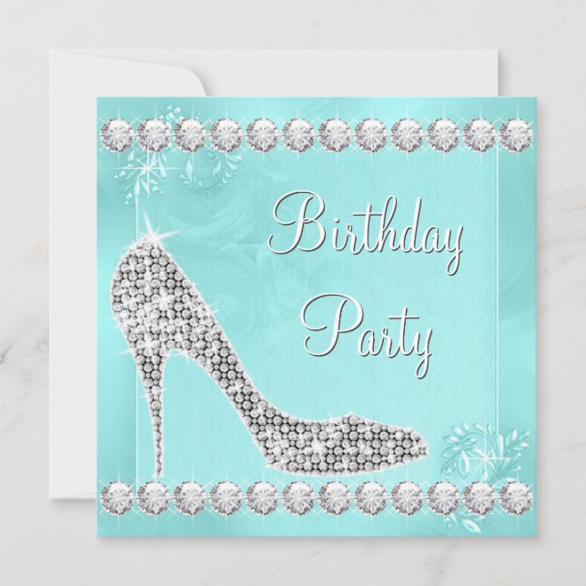 Elegant Diamond and Teal Blue Birthday Party Invitation (Front)