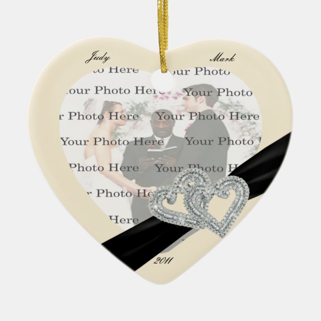 Elegant Diamond Black Ribbon Heart Ornament (Front)