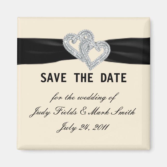Elegant Diamond Black Ribbon Save The Date Magnet (Front)