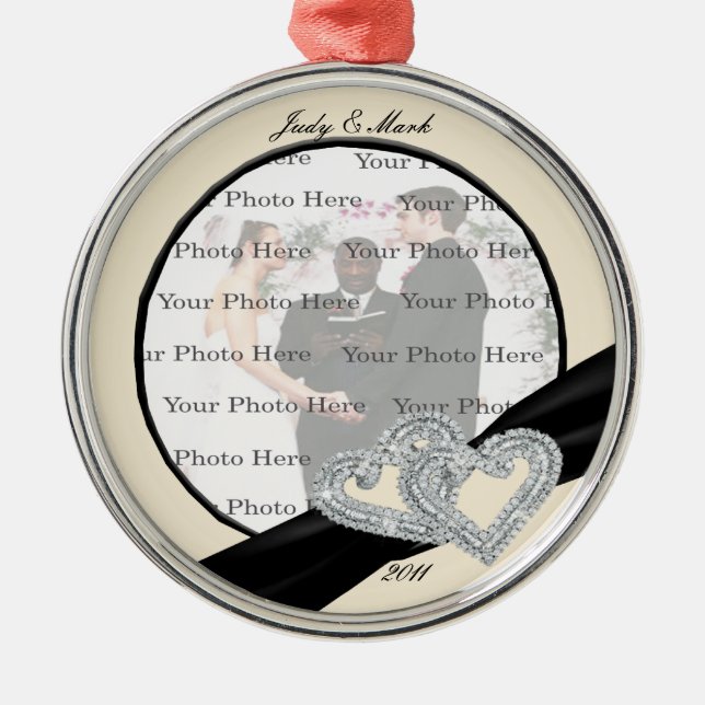 Elegant Diamond Black Ribbon Silver Round Ornament (Front)