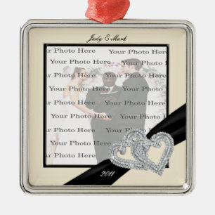 Elegant Diamond Black Ribbon SilverSquare Ornament