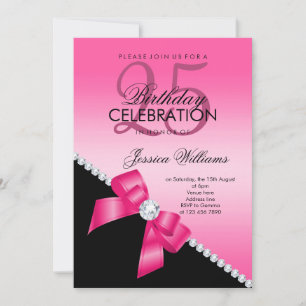 Elegant Diamond Bow, Hot Pink & Black Birthday Invitation