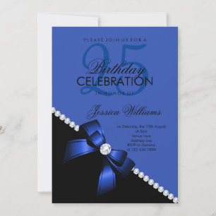 Elegant Diamond Bow, Royal Blue & Black Birthday Invitation