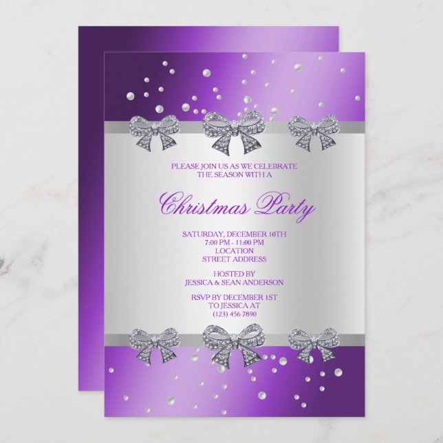 Elegant Diamond Bows & Pearls Christmas Invitation (Front/Back)