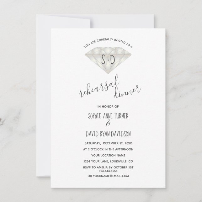 Elegant Diamond Calligraphy Rehearsal Dinner Invitation (Front)