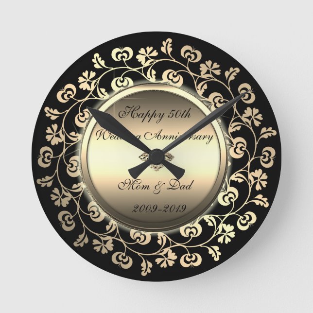 Elegant Diamond,Floral 50th Wedding Anniversary Round Clock (Front)
