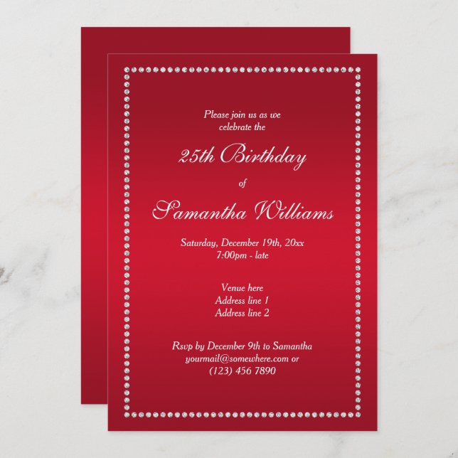Elegant Diamond Framed Red Birthday Invitation (Front/Back)