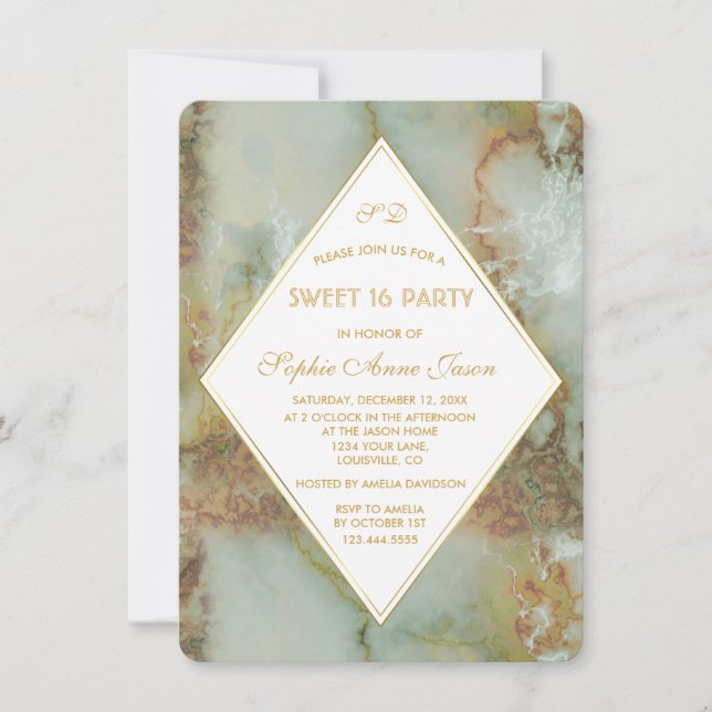Elegant Diamond Green Marble SWEET 16 Party Invitation (Front)