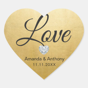 Elegant Diamond Heart LOVE Gold Foil Wedding Seals