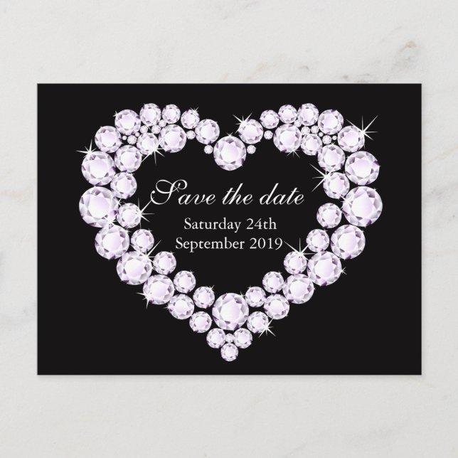 Elegant diamond heart save the date black & white announcement postcard (Front)