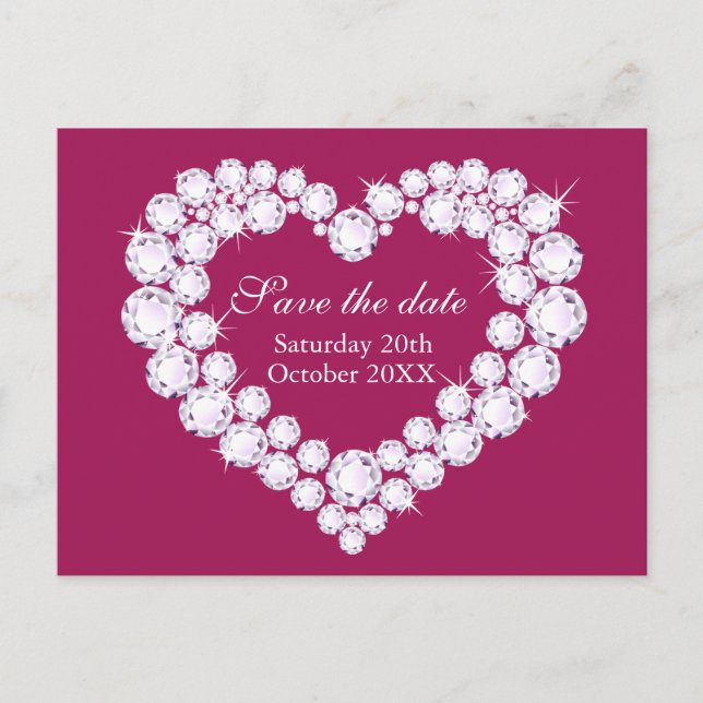 Elegant diamond heart save the date purple pink announcement postcard (Front)