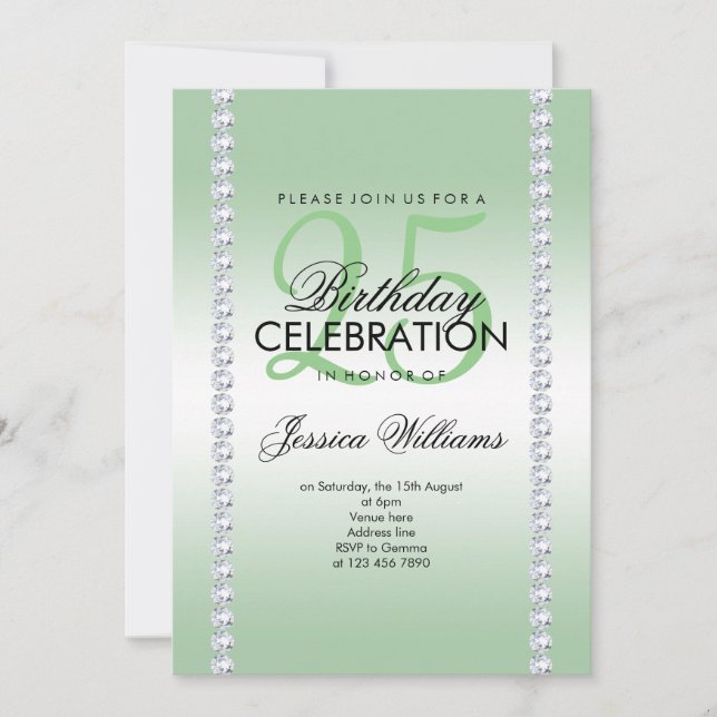 Elegant Diamond Jeweled Emerald Birthday Invitation (Front)