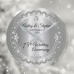 Elegant Diamond Jubilee 75th Wedding Anniversary Round Clock<br><div class="desc">Opulent elegance frames this 75th wedding anniversary design in a unique scalloped diamond design with centre teardrop diamond with faux added sparkles on a silver coloured gradient. Original design by Holiday Hearts Designs (rights reserved). Please note that all embellishments are printed and are only made to appear as real as...</div>