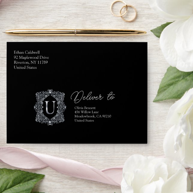 Elegant Diamond Monogram Letter U Envelope (Wedding)
