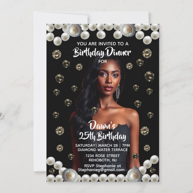Elegant Diamond, & Pearl Photo Black  Invitation (Front)