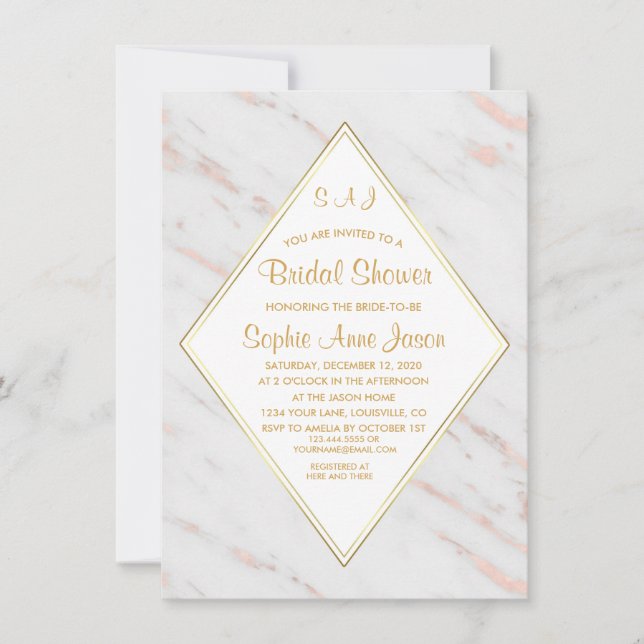 Elegant Diamond Rose Gold Marble Bridal Shower Invitation (Front)