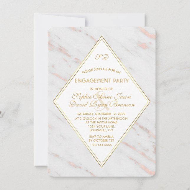 Elegant Diamond Rose Gold Marble Engagement Party Invitation (Front)