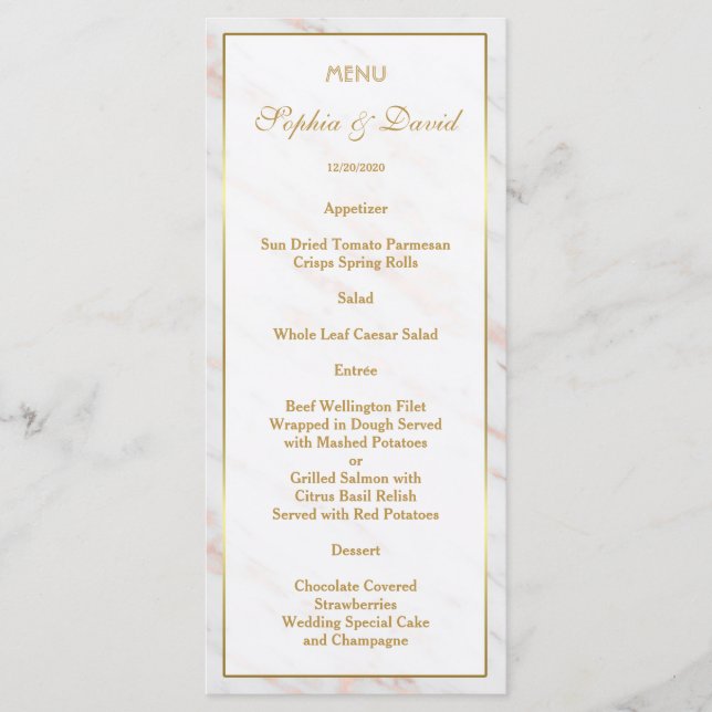 Elegant Diamond Rose Gold Marble Wedding Menu (Front)