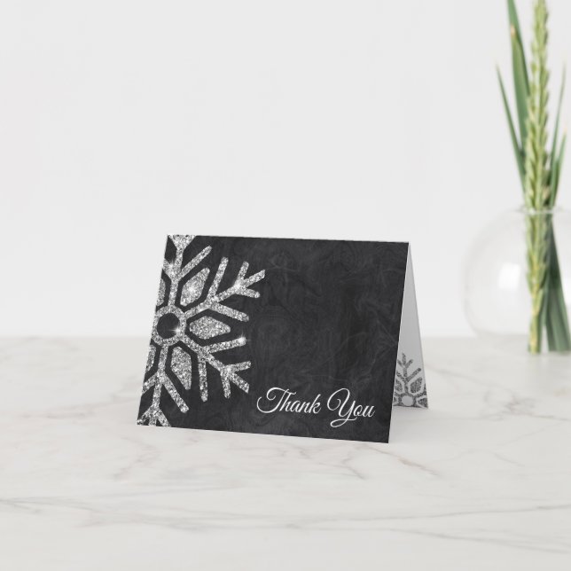 Elegant Diamond Snowflake on Black  Thank You Card (Front)