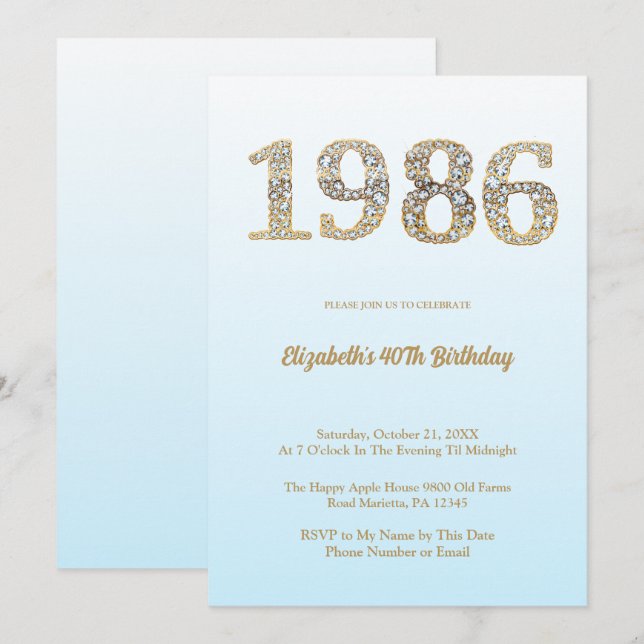 Elegant Diamond Year 1986 40th Birthday Party Invitation (Front/Back)