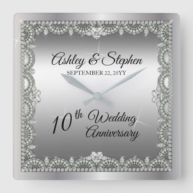 Elegant Diamonds 10th Wedding Anniversary Square Wall Clock (Front)