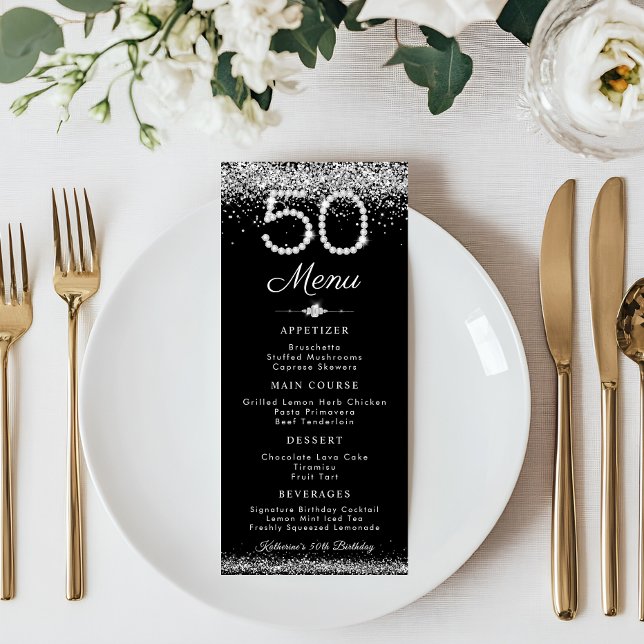 Elegant Diamonds 50th Birthday Dinner Flat Menu (Elegant Diamonds 50th Birthday Menu Card)