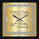 Elegant Diamonds 50th Wedding Anniversary Square Wall Clock<br><div class="desc">Opulent elegance frames this 50th wedding anniversary design in a unique scalloped diamond design with heart-shaped diamond accents and faux added sparkles on a gold-tone gradient. Please note that all embellishments are printed and are only made to appear as real as possible in a flat, printed design. This includes any...</div>